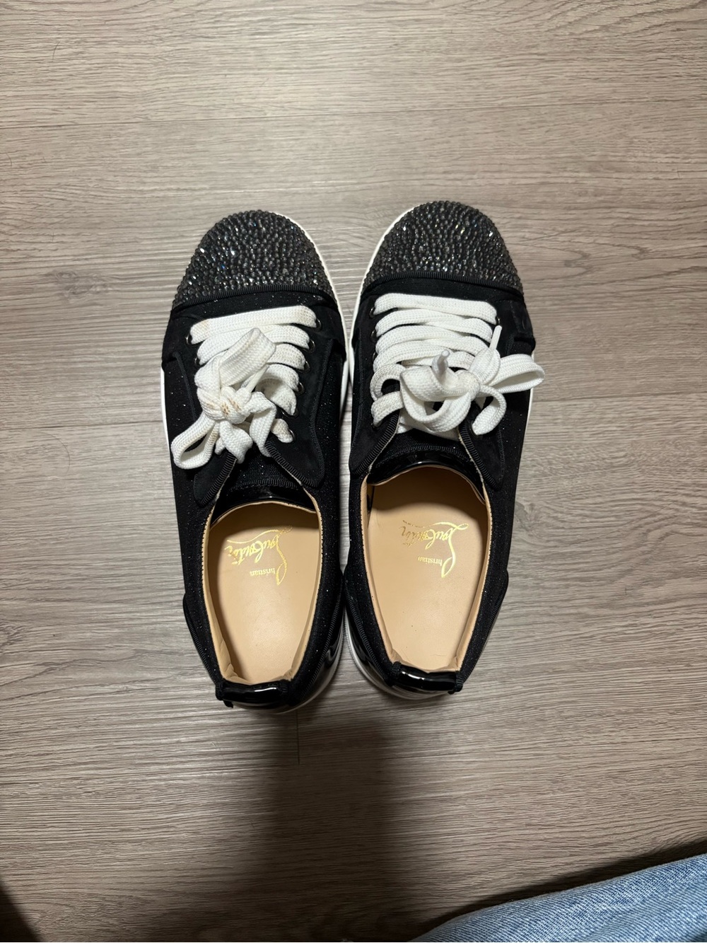 Christian Louboutin Black Crystal-Toe Low-Top Sneakers with White Laces